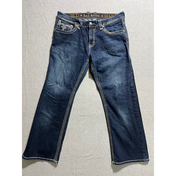 Rock Revival Mens Pablo Relaxed Straight Leg Dark Wash Jeans Size 38 streetwear
